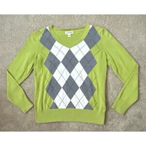 St Johns Bay Green Argyle Cotton Women’s V-Neck Sweater Size Small S